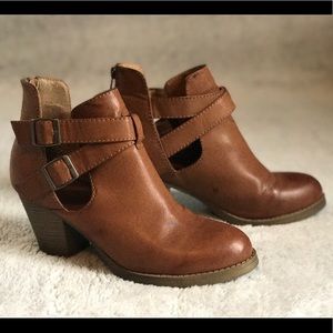 Maurice's cognac open back booties